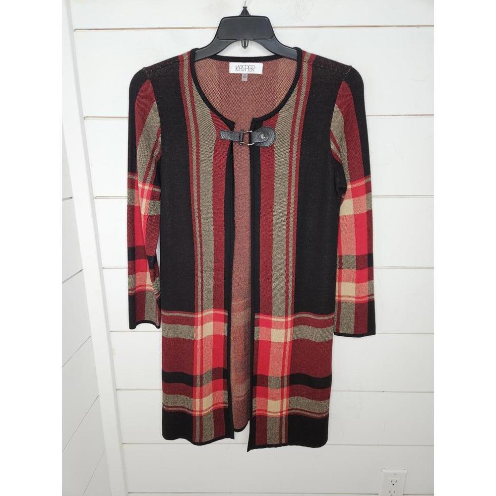 Kasper medium red black & tan duster cardigan sweater